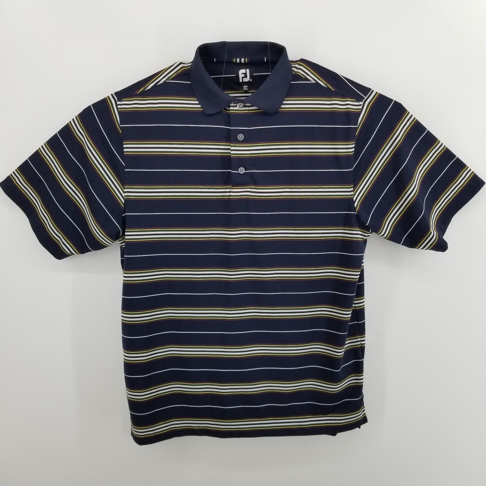 FJ FootJoy Men's Navy Blue White Stripped Golf Polo Shirt Short Sleeve Sz Large